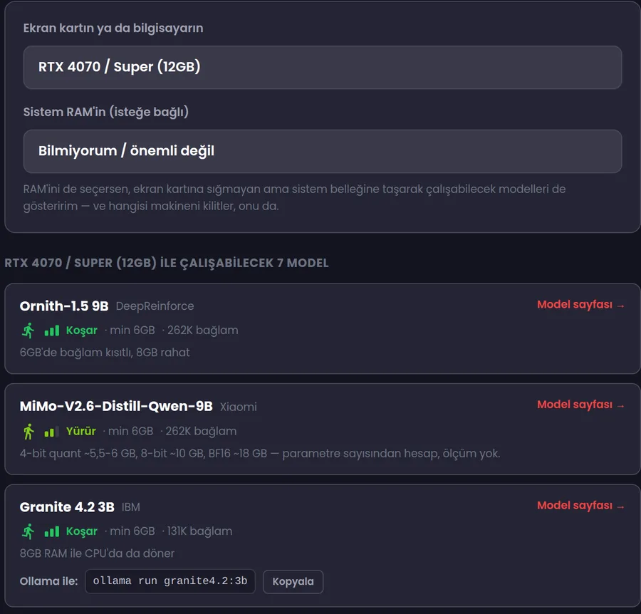 Hangi Yapay Zeka Çalışır sayfasından görüntü: RTX 4070 seçildiğinde Koşar ve Yürür etiketli modeller